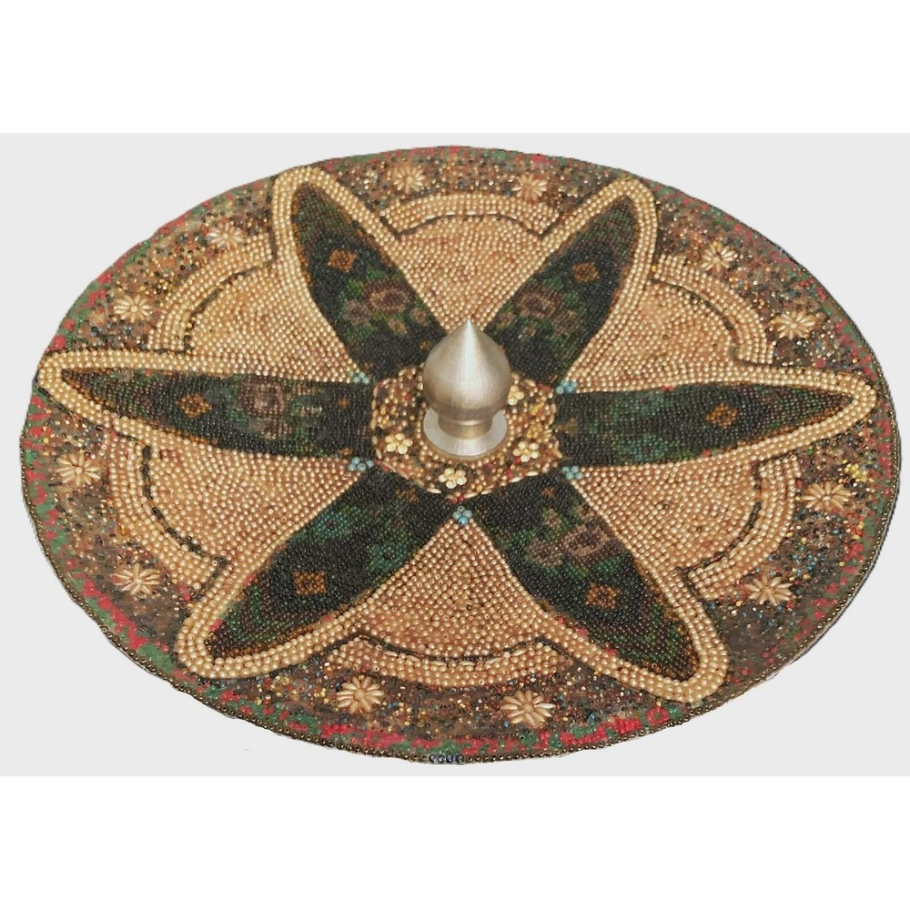 Vintage Beaded Tramp Art Bowl – Jeweled Mosaic, Spindle Handle, 1920s-1950s - Picture 2 of 16